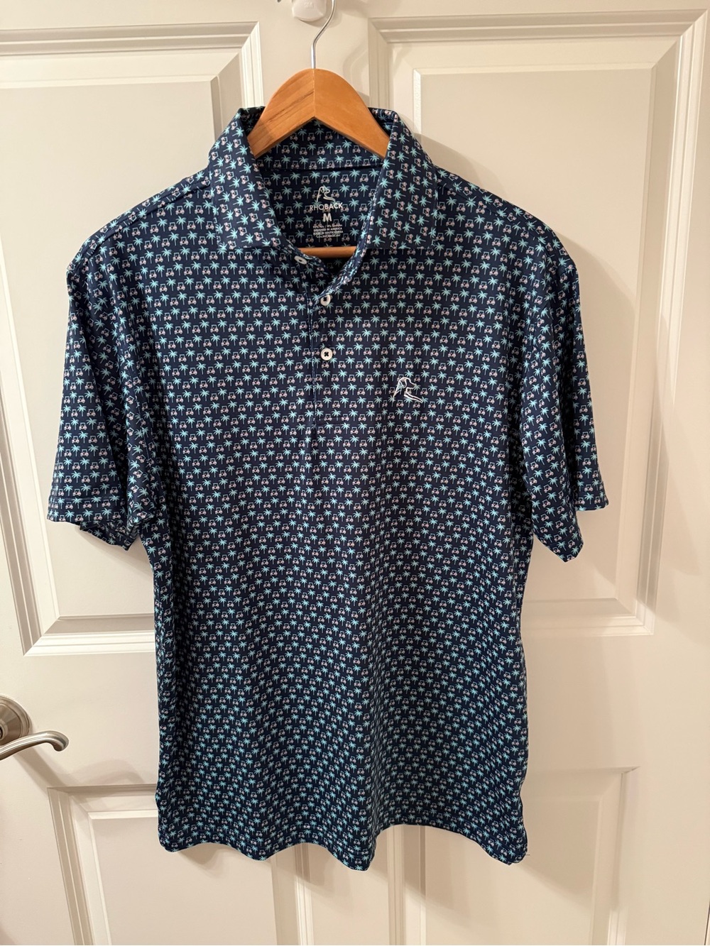 Rhoback Navy Polo with Light Blue Palm Print
